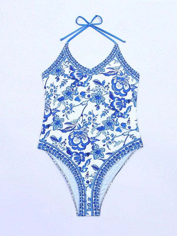 Blue Trimmed Floral One - Piece Swimsuit - Sir Reginald