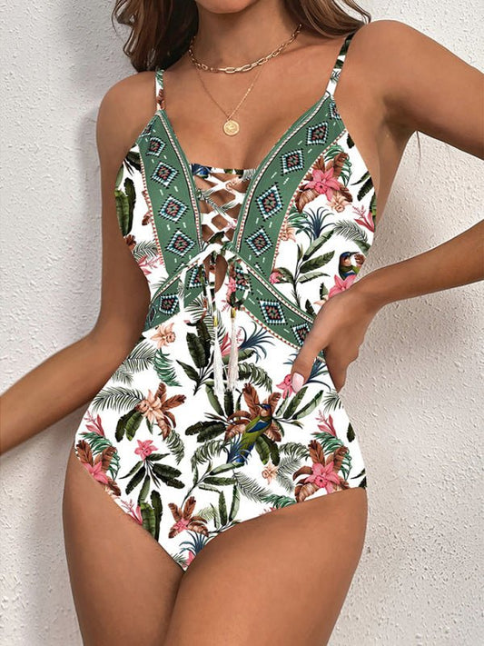 New deep V strappy one - piece swimsuit cashew flower print triangle one - piece swimsuit - Sir Reginald